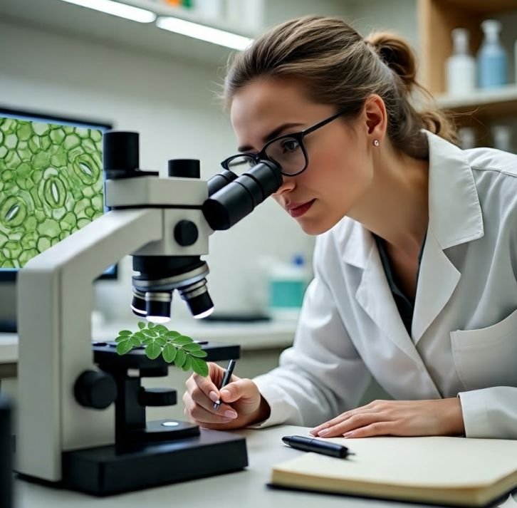A woman conducting research studies on moringa