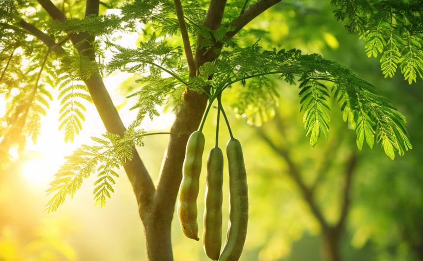 A moringa tree with pods