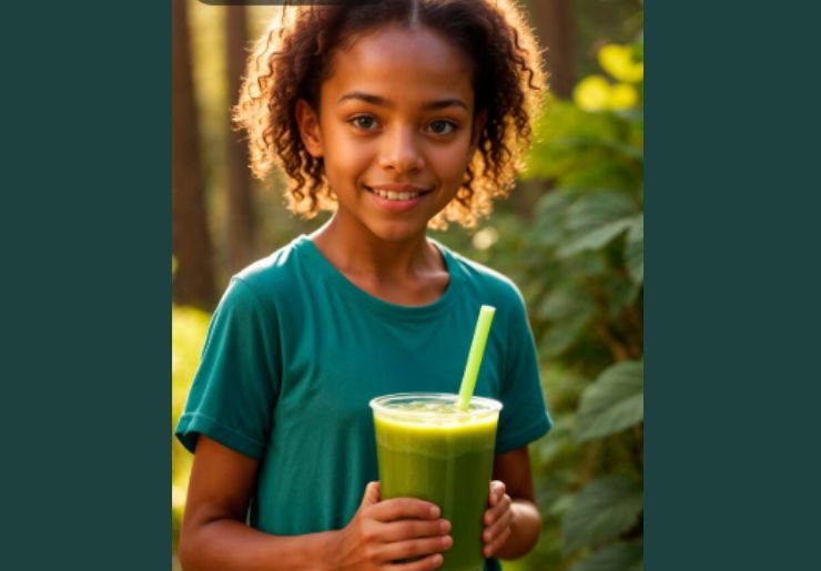 A child holding a glass of smoothie with moringa depicting healthy moringa for children