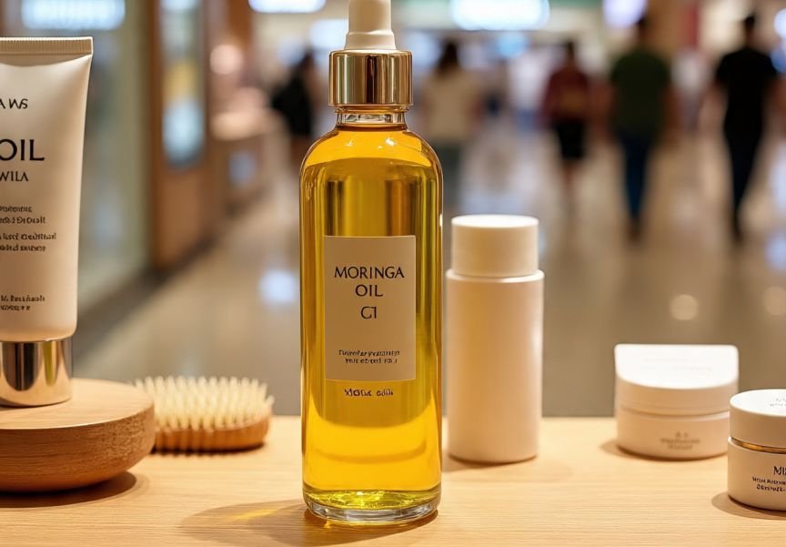 A sparkling moringa oil on a table depicting Moringa Oil Shelf Life