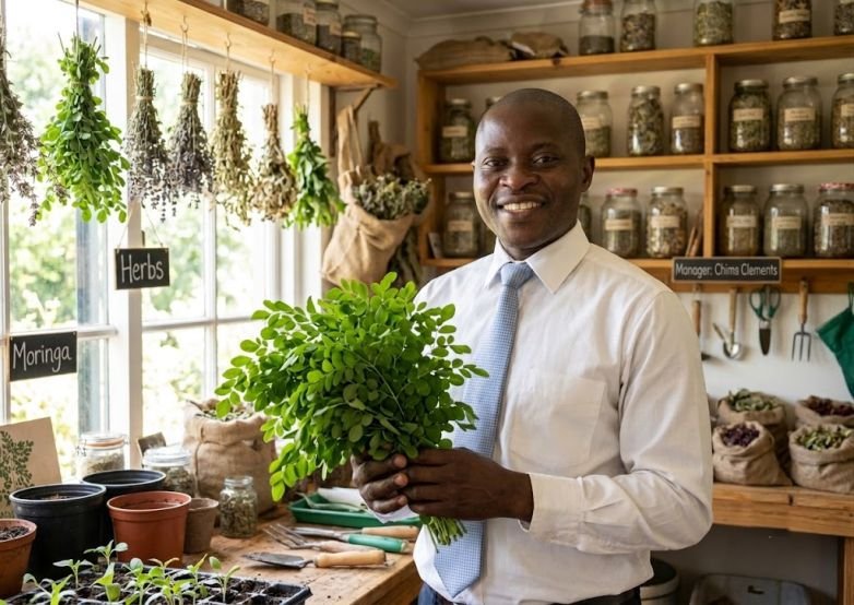 Chims Clements at his herb house